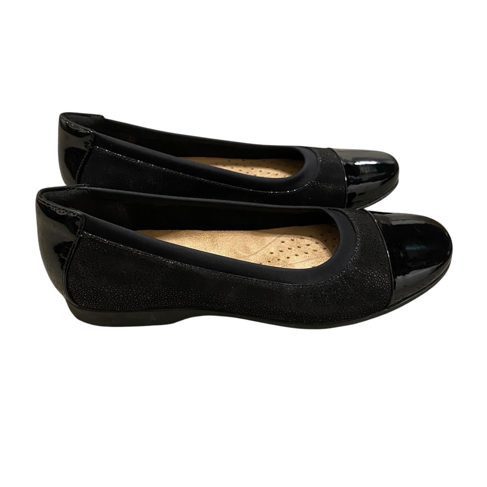 Clarks Unstructured Ballet Shoes Size 9N EU40 Black Flats Glossy Leather Comfort
